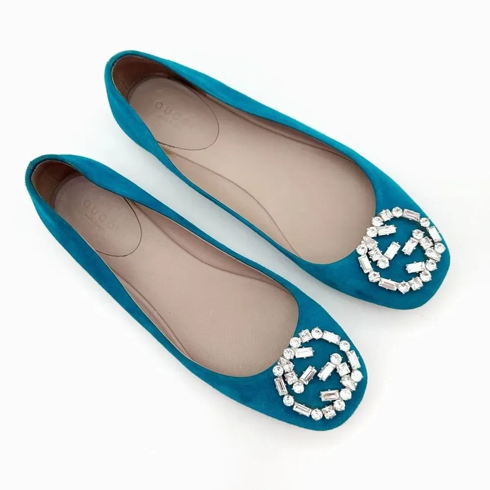 GUCCI Interlocking Crystal GG Ballet Flat Size 37 US 7 Teal Blue Suede